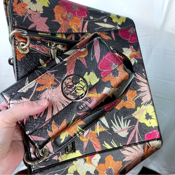 GUESS Floral Tote Large Shoulder Handbag Black Multicolor with wallet NWT - Picture 11 of 13